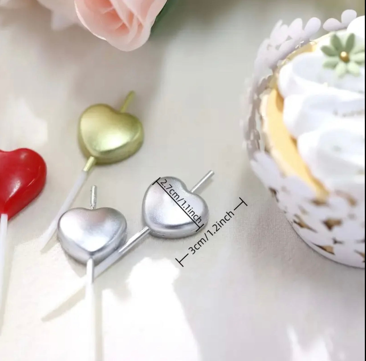 4-Pack Heart Shaped Cupcake Candles Red, Silvery, and Golden - Love and Valentine Dessert Toppers