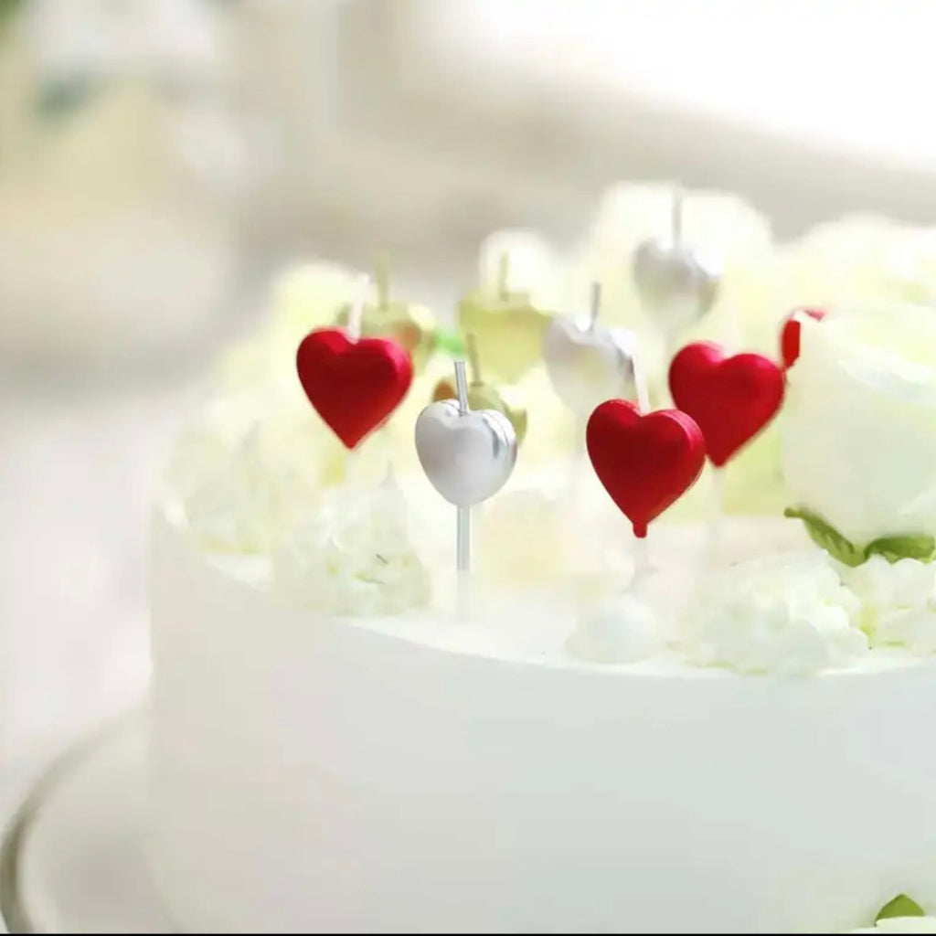 4-Pack Heart-Shaped Cupcake Candles – Red, Silver & Gold Dessert Toppers