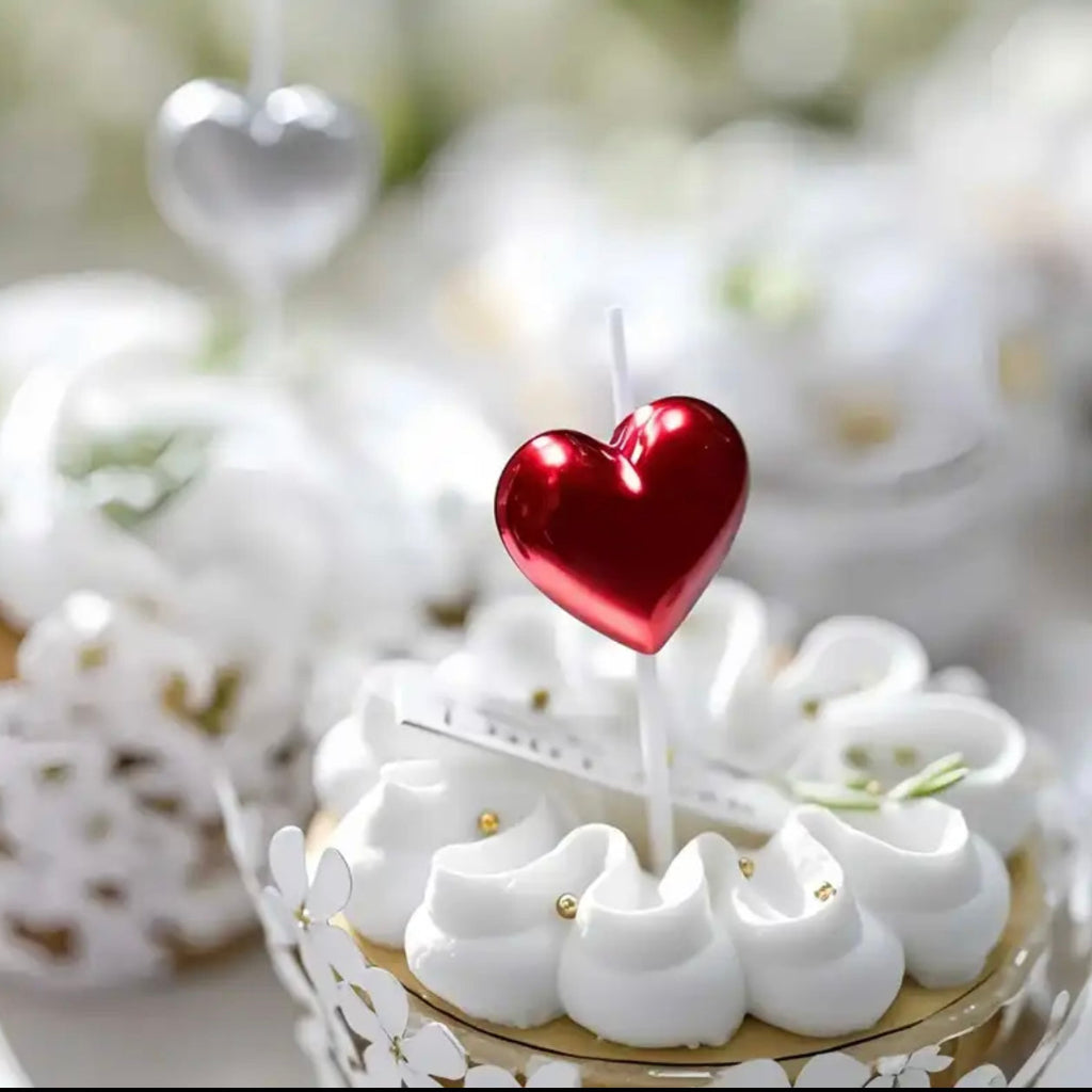 4-Pack Heart-Shaped Cupcake Candles – Red, Silver & Gold Dessert Toppers