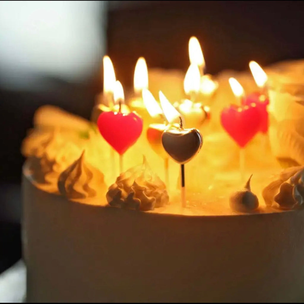 4-Pack Heart-Shaped Cupcake Candles – Red, Silver & Gold Dessert Toppers