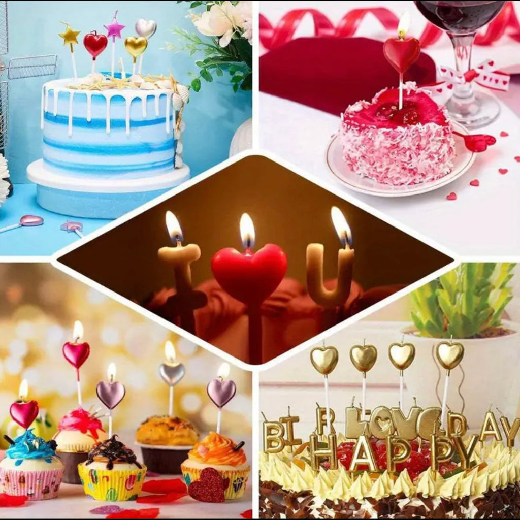 4-Pack Heart-Shaped Cupcake Candles – Red, Silver & Gold Dessert Toppers