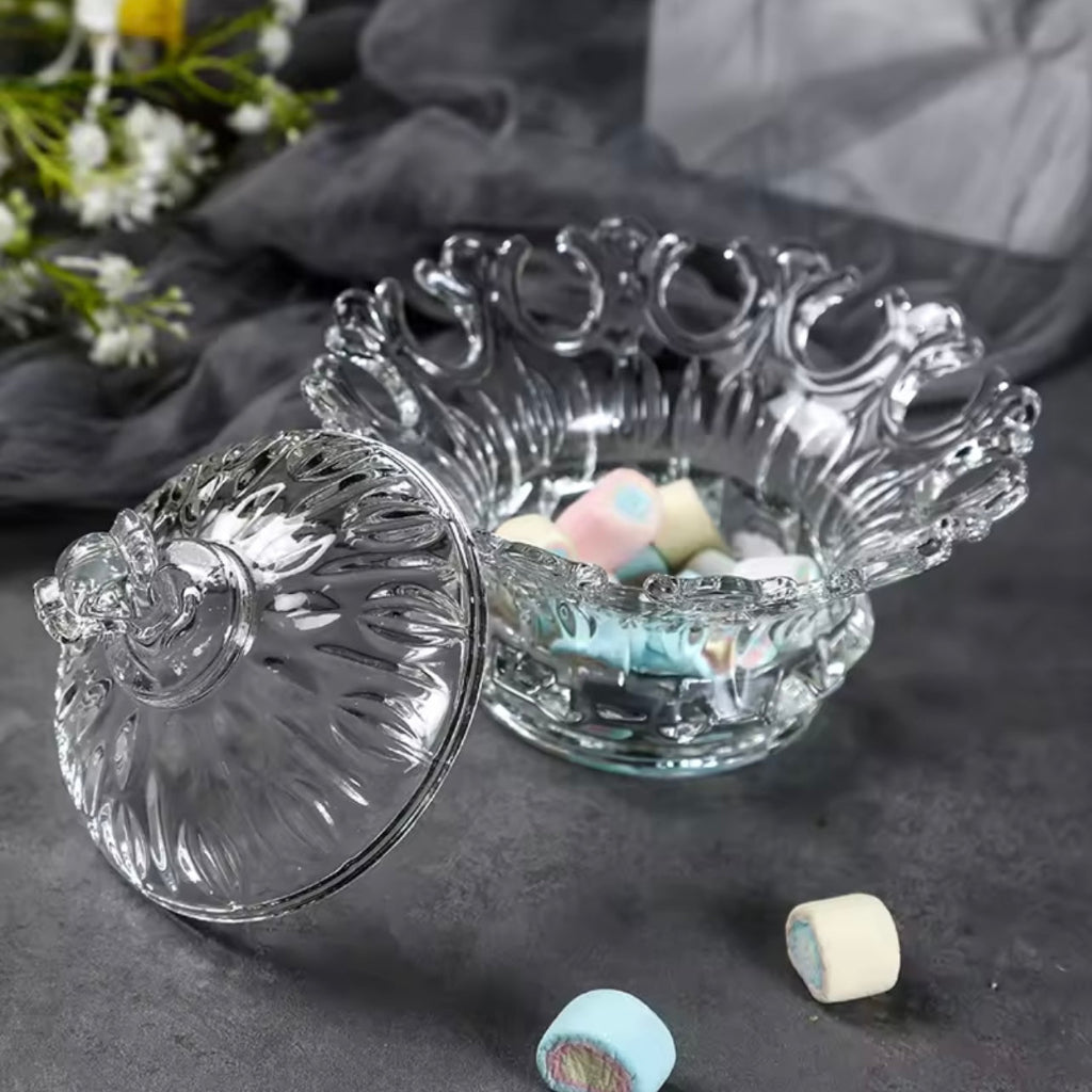 وعاء حلوى زجاجي شفاف بغطاء - لتخزين الحلوى وسلطة الفاكهة على شكل زهرة