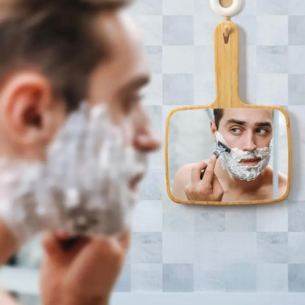 Natural Wooden Hand Mirror Square Design Portable Vanity Mirror