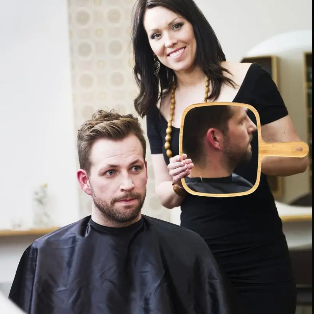 مرآة يد خشبية طبيعية بتصميم مربع، مرآة زينة محمولة