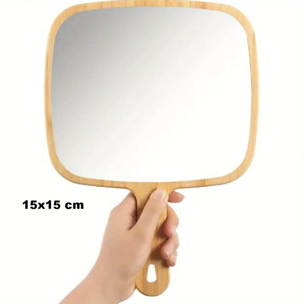 مرآة يد خشبية طبيعية بتصميم مربع، مرآة زينة محمولة