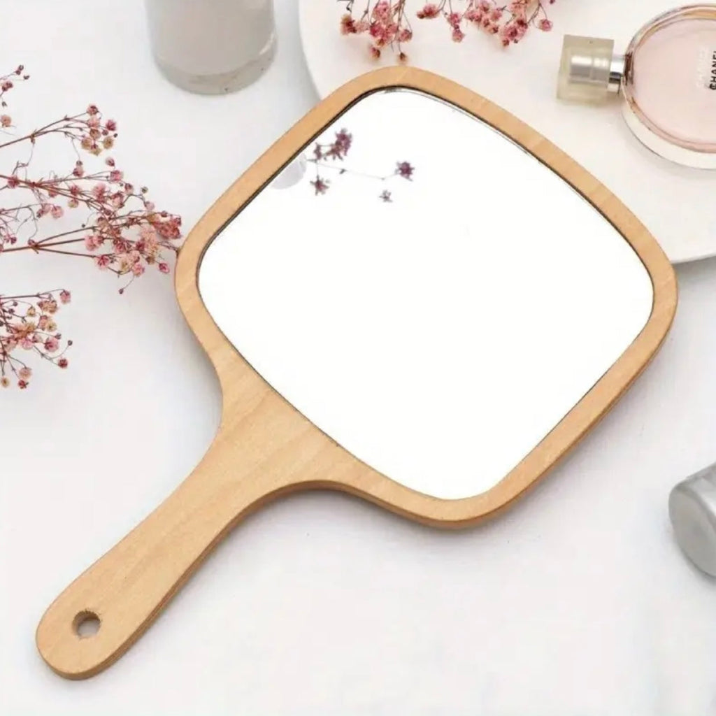 Natural Wooden Hand Mirror Square Design Portable Vanity Mirror