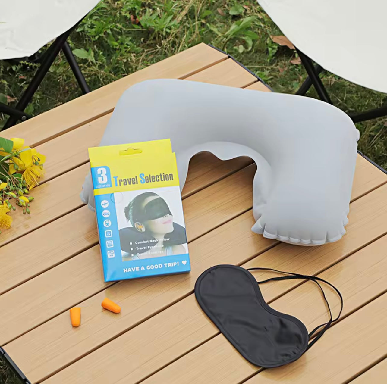 U-Shaped Inflatable Travel Pillow – Neck Support with Eye Mask & Earplugs