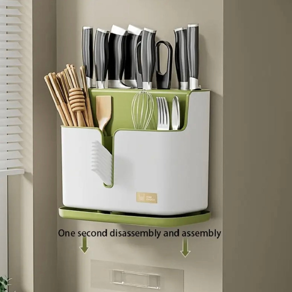 حامل سكاكين وأدوات مائدة متعدد الوظائف – منظم مطبخ مثبت على الحائط مع صينية تصريف
