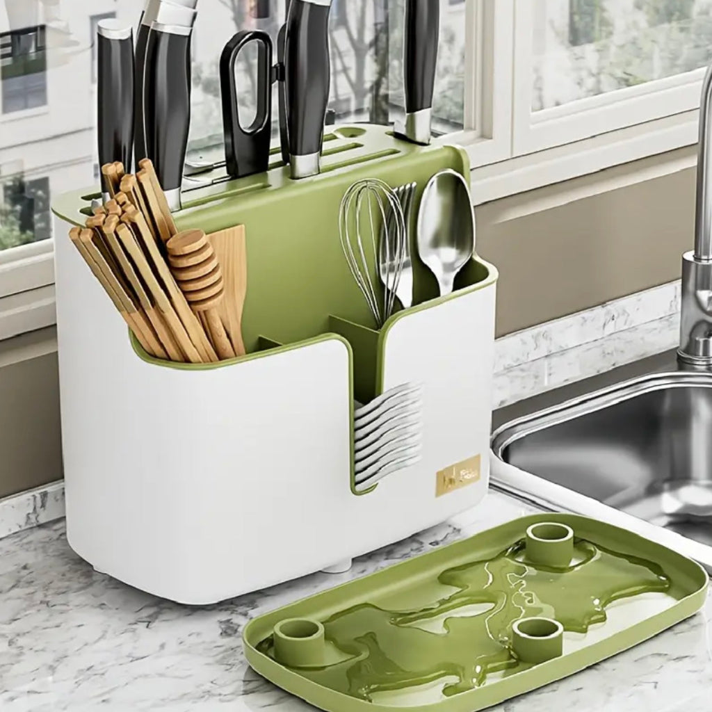 Multifunctional Knife & Cutlery Holder โ Wall-Mounted Kitchen Organizer with Drainage Tray