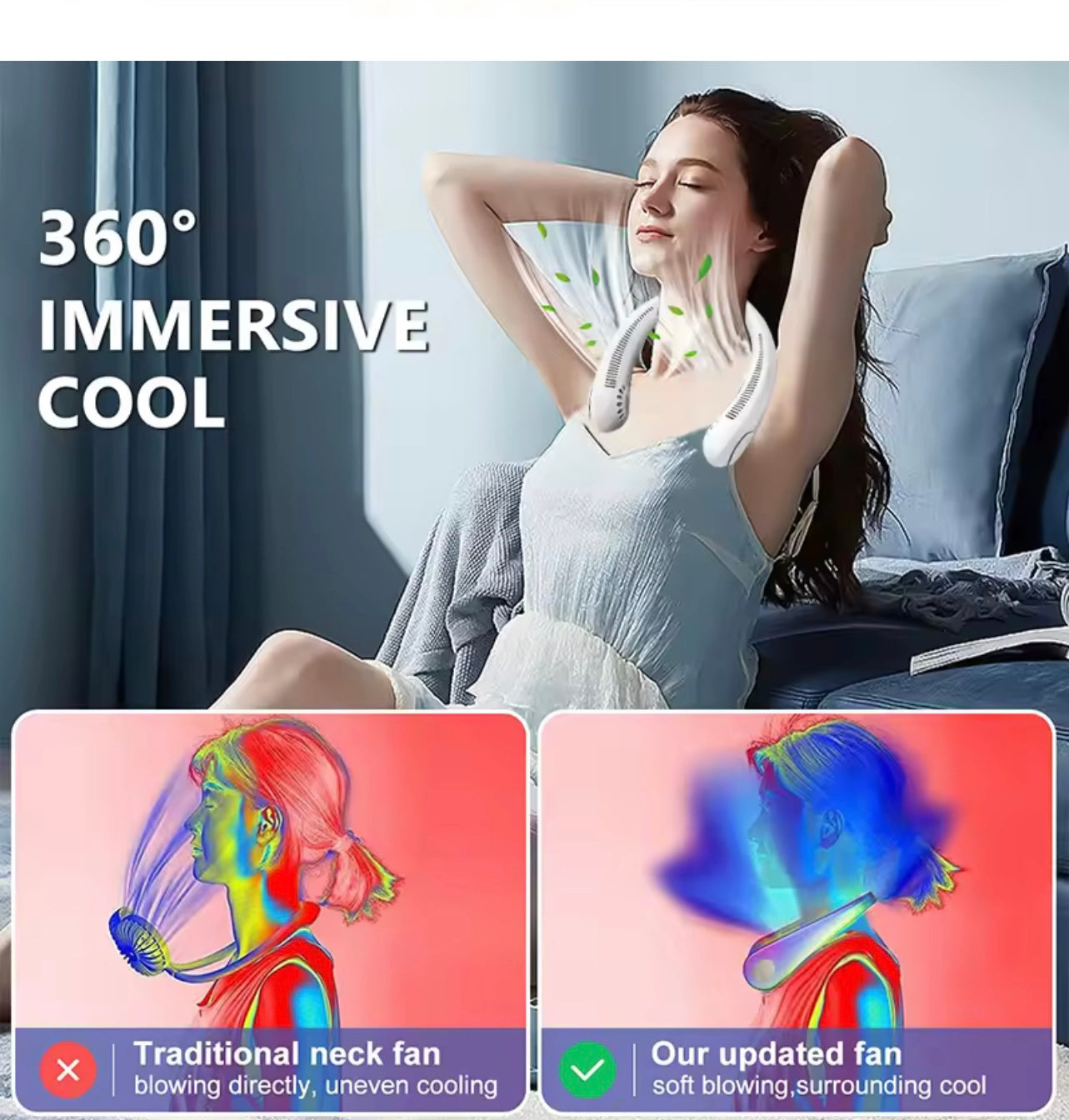 Portable USB Rechargeable Neck Fan – 3 Speeds, Ultra-Quiet, Blade-Free, Travel-Friendly