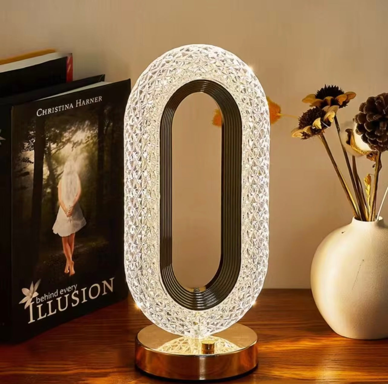 Luxurious Oval Crystal Table Lamp – USB Charging Decorative Night Light for Bedroom, Living Room & Office