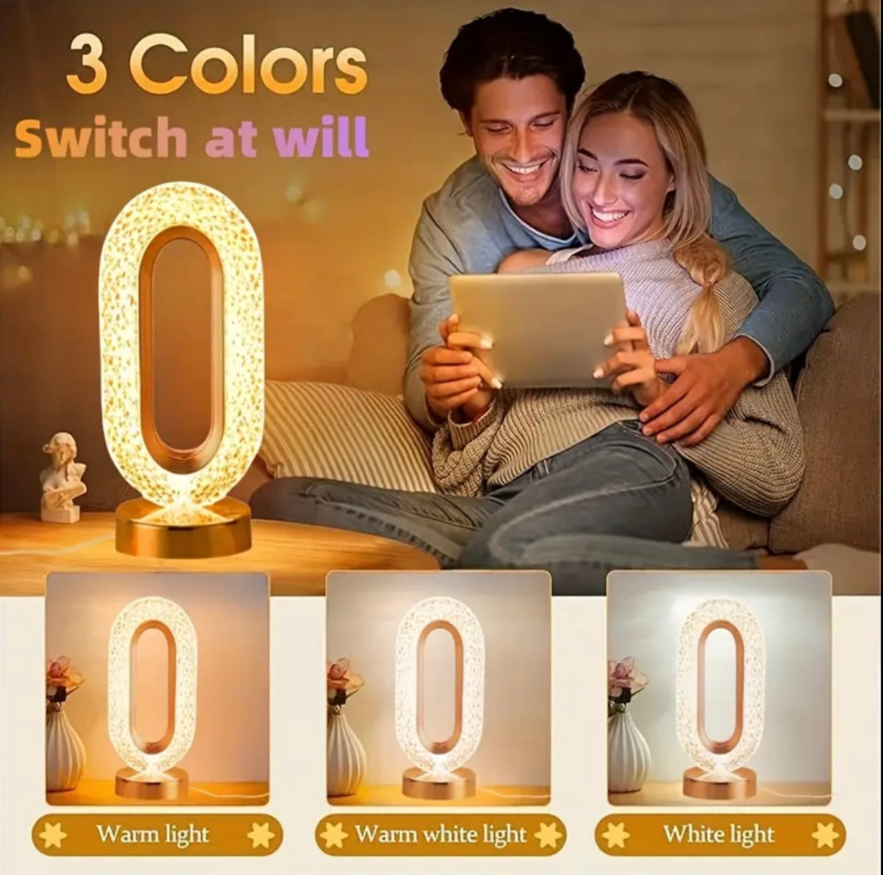 Luxurious Oval Crystal Table Lamp – USB Charging Decorative Night Light for Bedroom, Living Room & Office