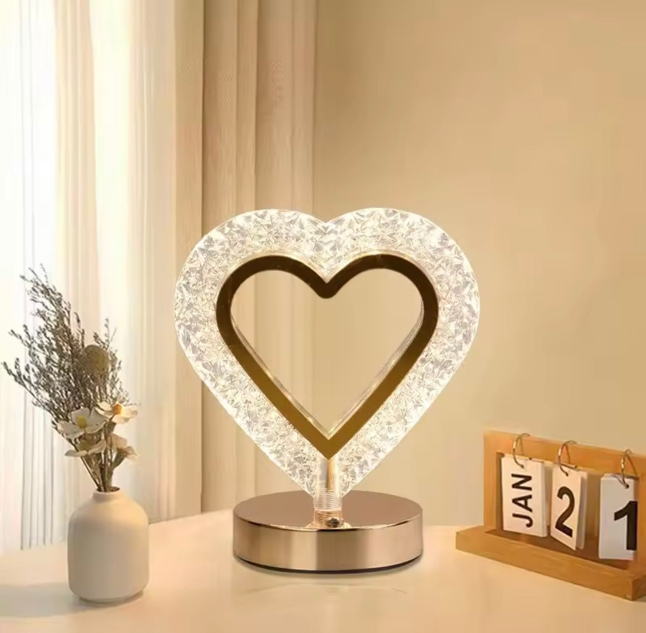 Heart-Shaped USB Rechargeable Touch Table Lamp – 3-Color LED Night Light for Bedroom