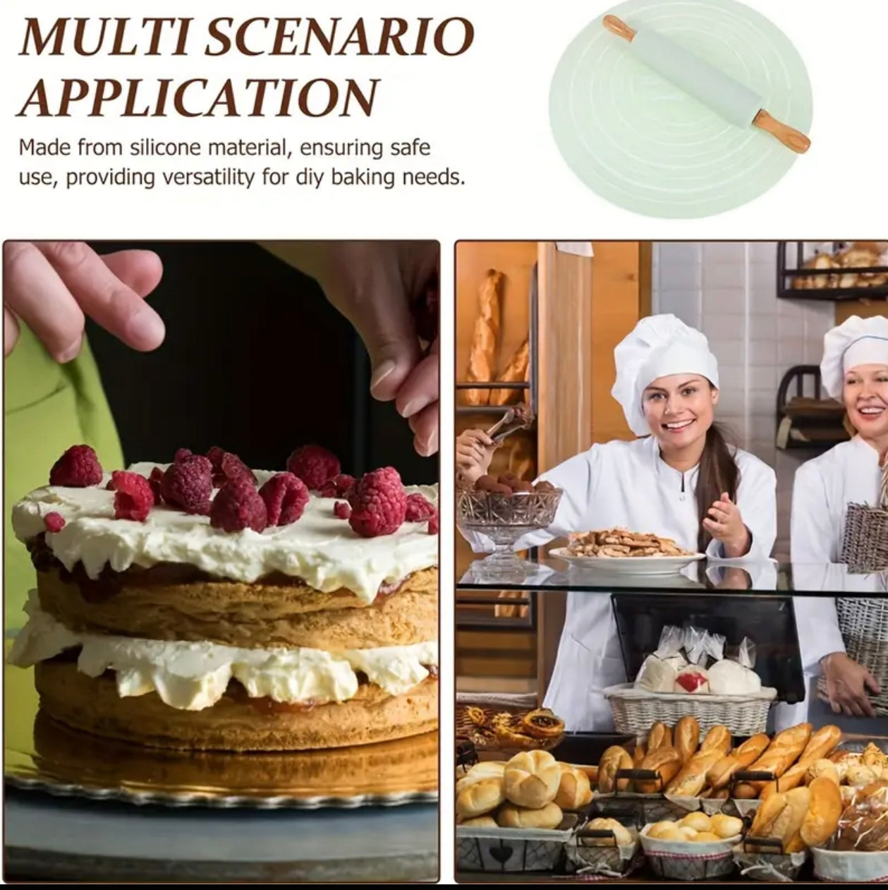 2-Piece Professional Baking Set – Wooden Rolling Pin & Non-Stick Silicone Baking Mat