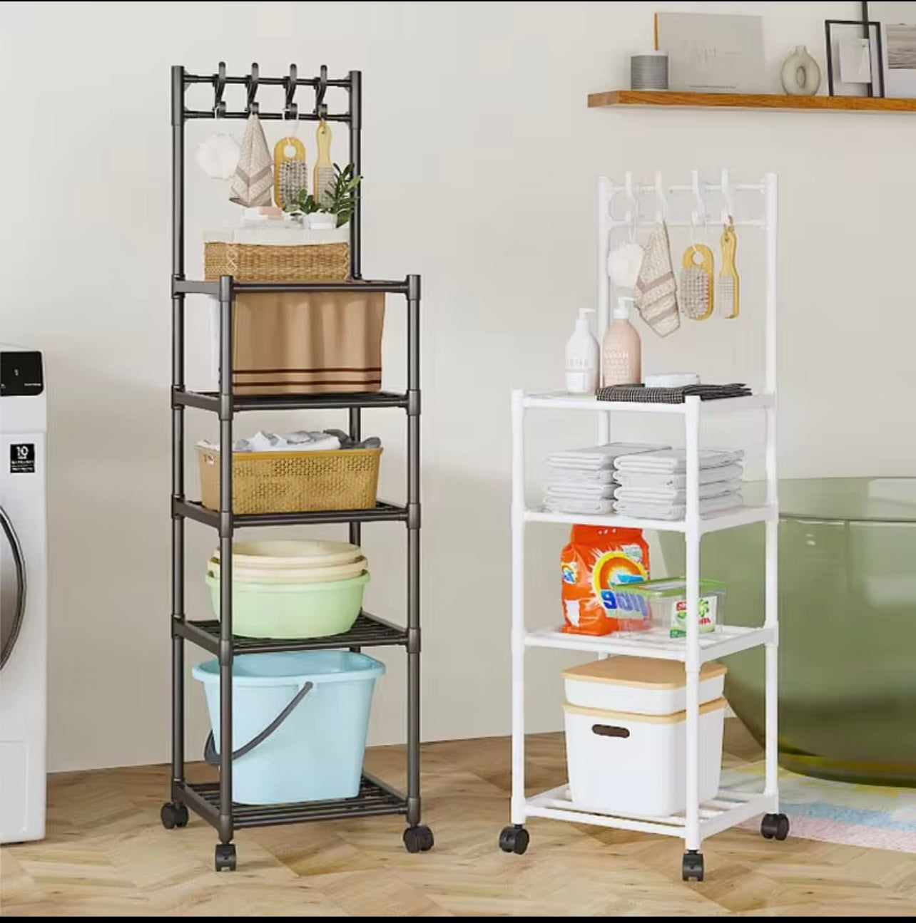 Adjustable 4/5-Tier Metal Multi-Purpose Storage Rack with Hooks Kitchen,Laundry Organizer