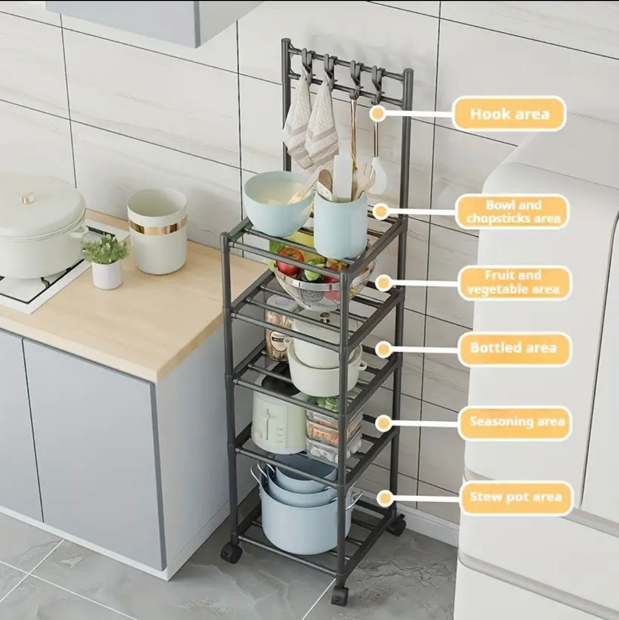 Adjustable 4/5-Tier Metal Multi-Purpose Storage Rack with Hooks Kitchen,Laundry Organizer