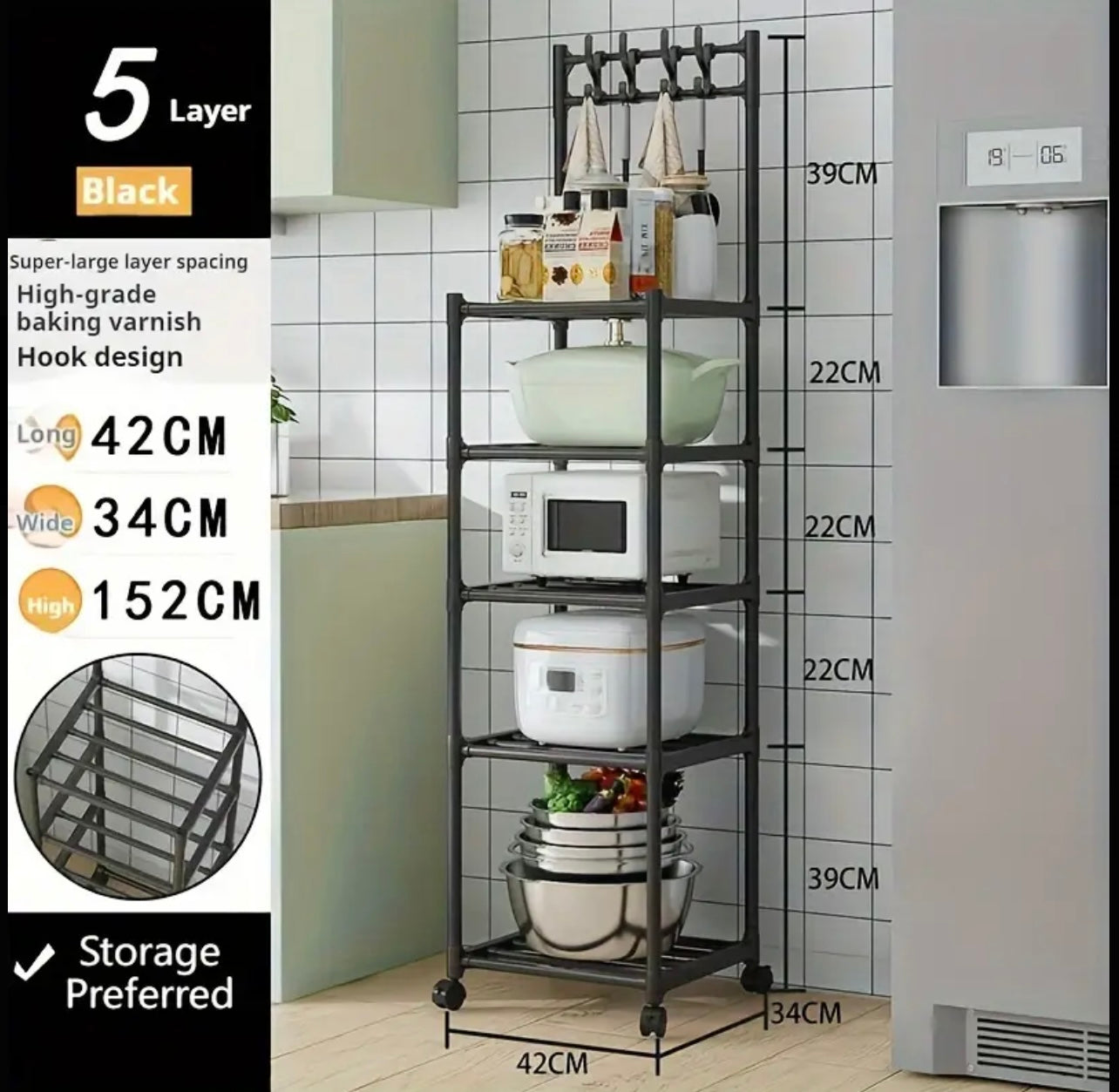 Adjustable 4/5-Tier Metal Multi-Purpose Storage Rack with Hooks Kitchen,Laundry Organizer