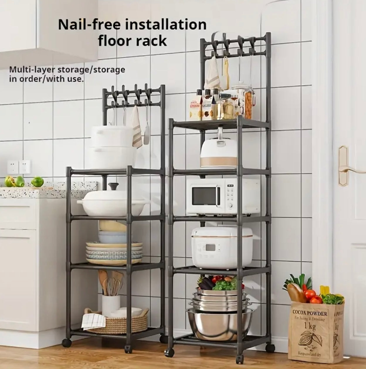 Adjustable 4/5-Tier Metal Multi-Purpose Storage Rack with Hooks Kitchen,Laundry Organizer