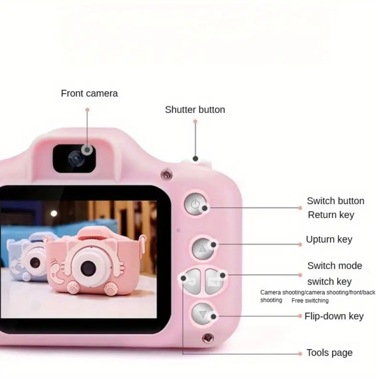 كاميرا عالية الدقة للأطفال ذات عدسة مزدوجة - 3000 صورة، ومرشحات ممتعة، وألعاب صغيرة مع غطاء سيليكون مقاوم للسقوط