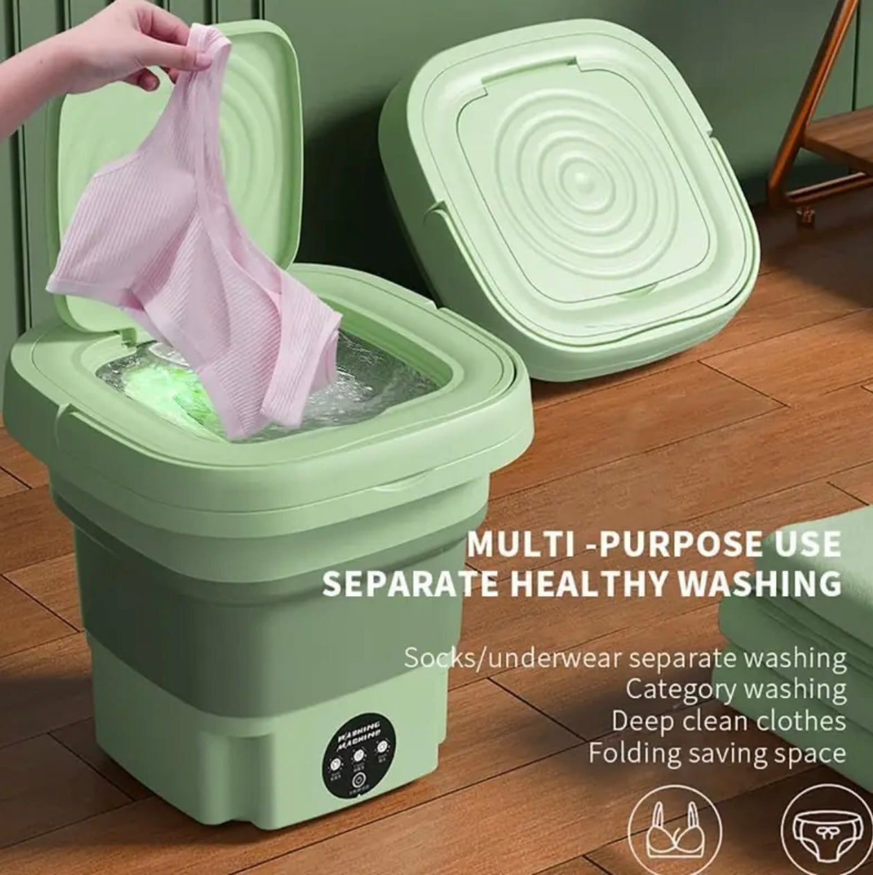 غسالة صغيرة محمولة - قابلة للطي، تنظيف عميق، مثالية للملابس الداخلية والجوارب والملابس الصغيرة - مثالية للمساكن والمنازل والسفر