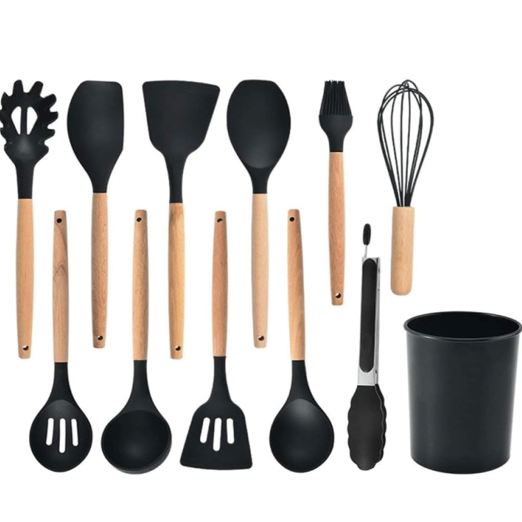 12-Piece Silicone Kitchen Appliance Set – Heat-Resistant, Non-Stick Cookware with Wooden Handles