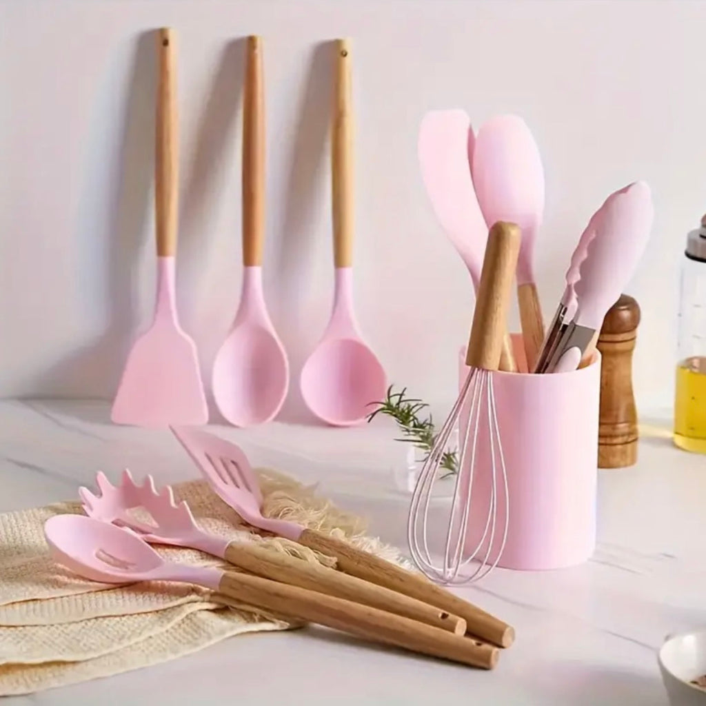12-Piece Silicone Kitchen Appliance Set – Heat-Resistant, Non-Stick Cookware with Wooden Handles