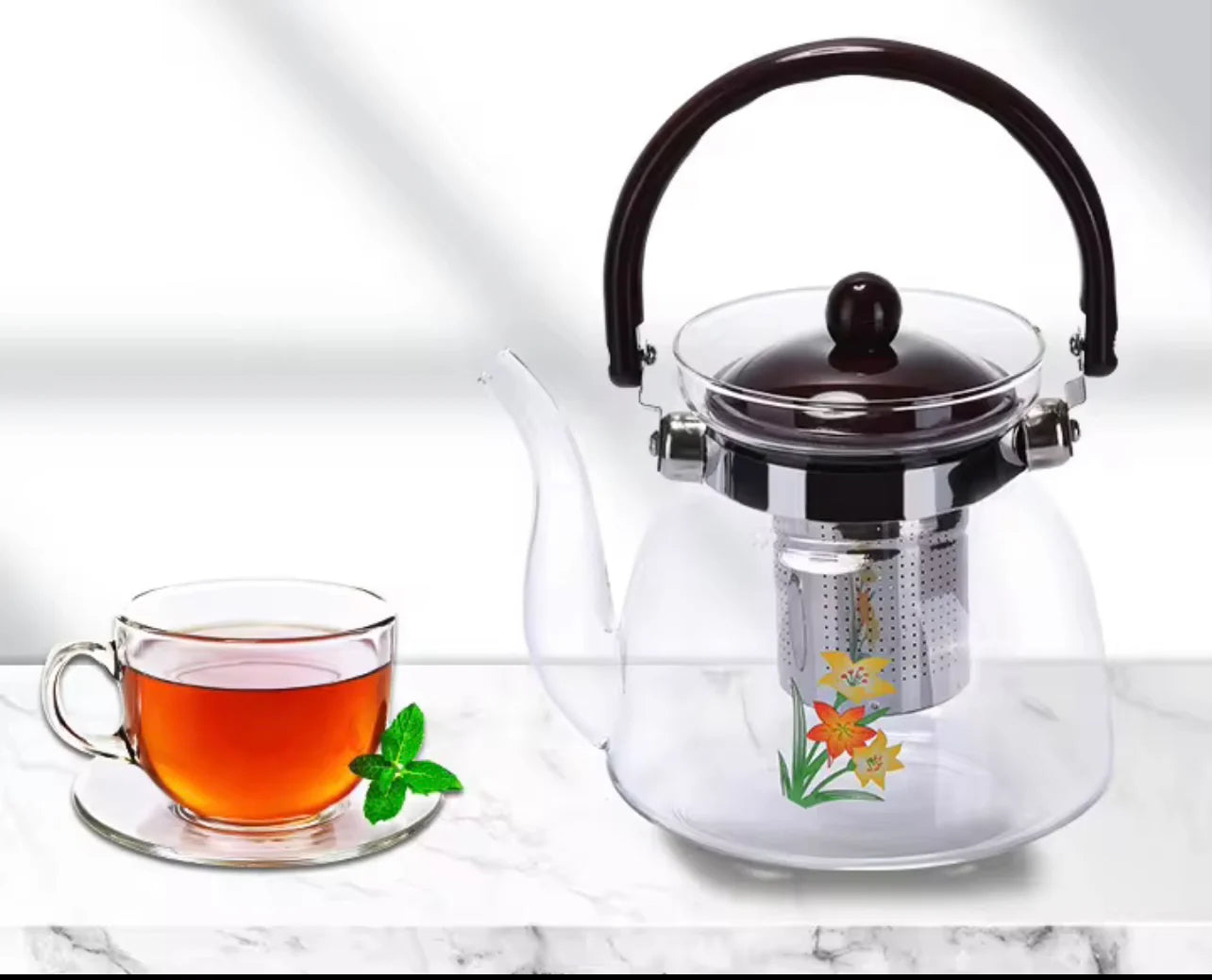 إبريق شاي فاخر من الفولاذ المقاوم للصدأ وزجاج البورسليكات مع مصفاة - مقاوم للحرارة، مثالي للاستخدام في المنزل والمطاعم