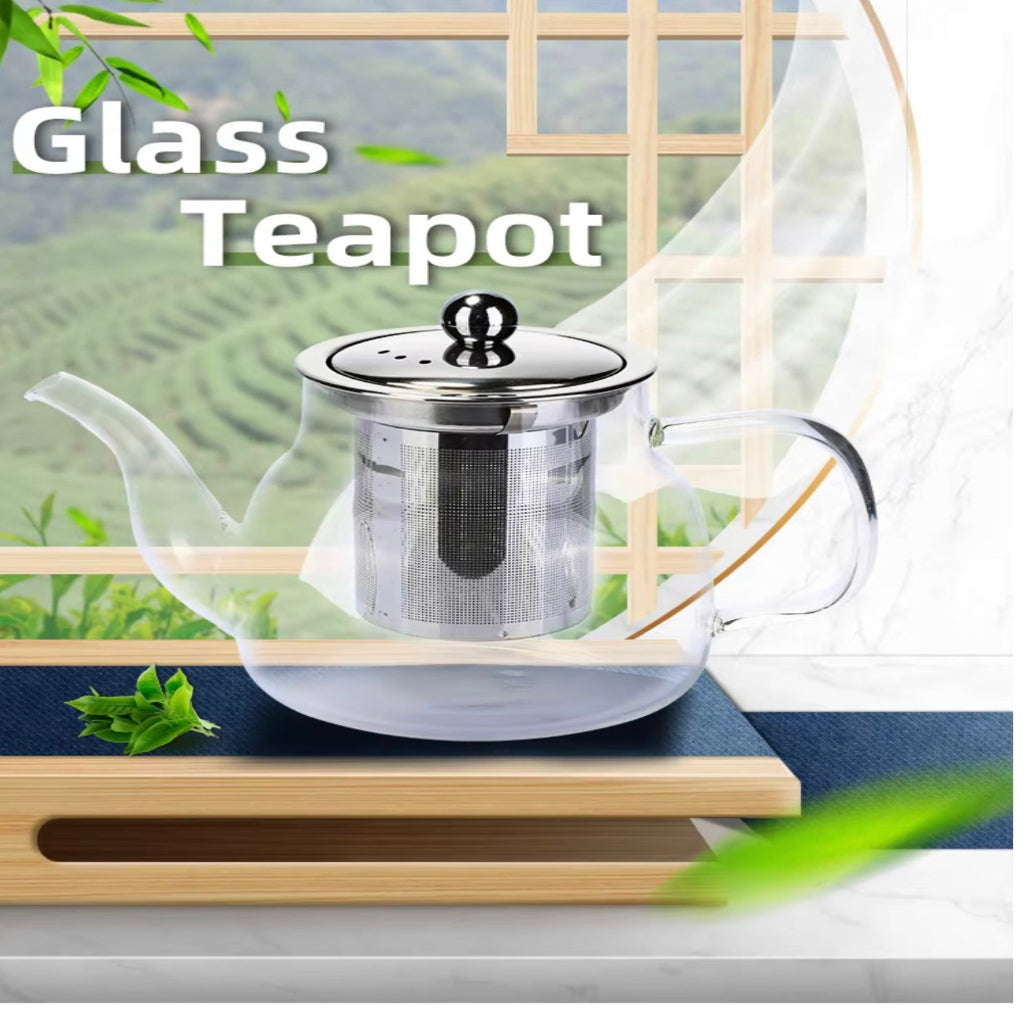 إبريق شاي فاخر من الفولاذ المقاوم للصدأ وزجاج البورسليكات مع مصفاة - مقاوم للحرارة، مثالي للاستخدام في المنزل والمطاعم