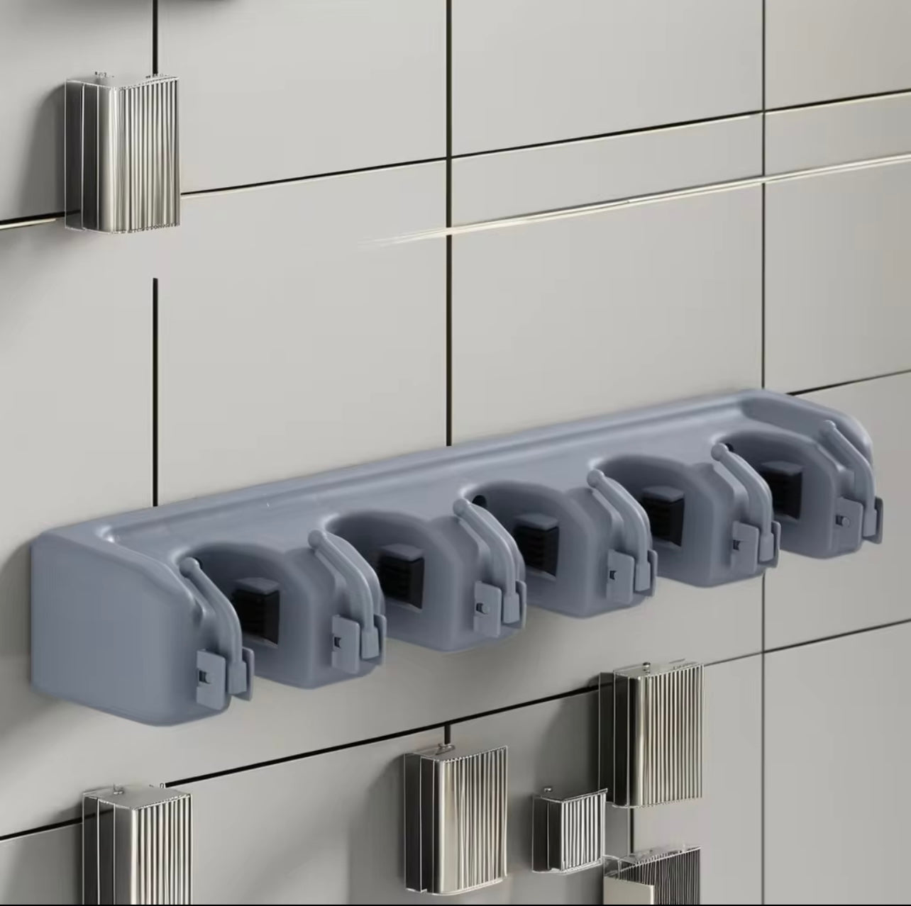 Wall-Mounted Plastic Mop & Broom Holder – 5-Position Multifunctional Storage Rack