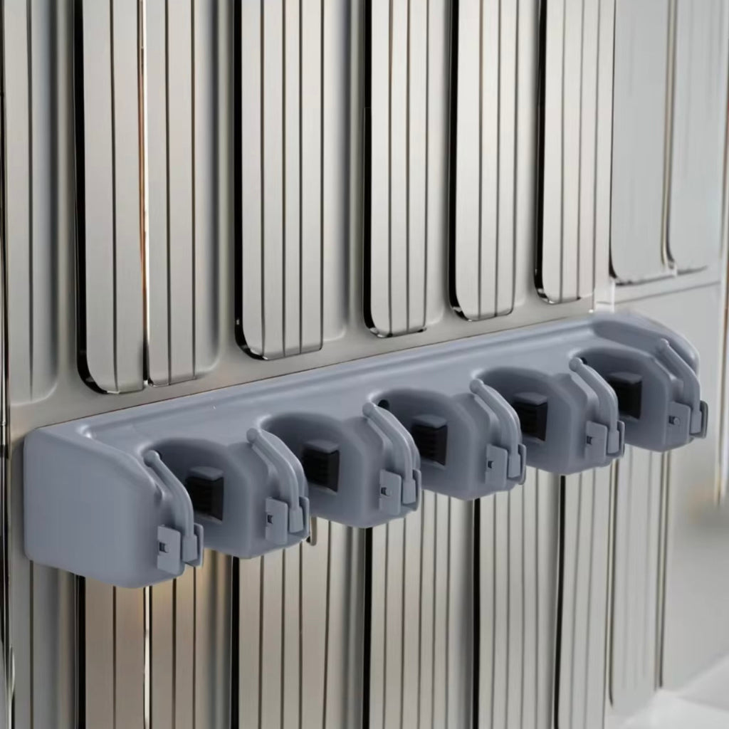 Wall-Mounted Plastic Mop & Broom Holder – 5-Position Multifunctional Storage Rack
