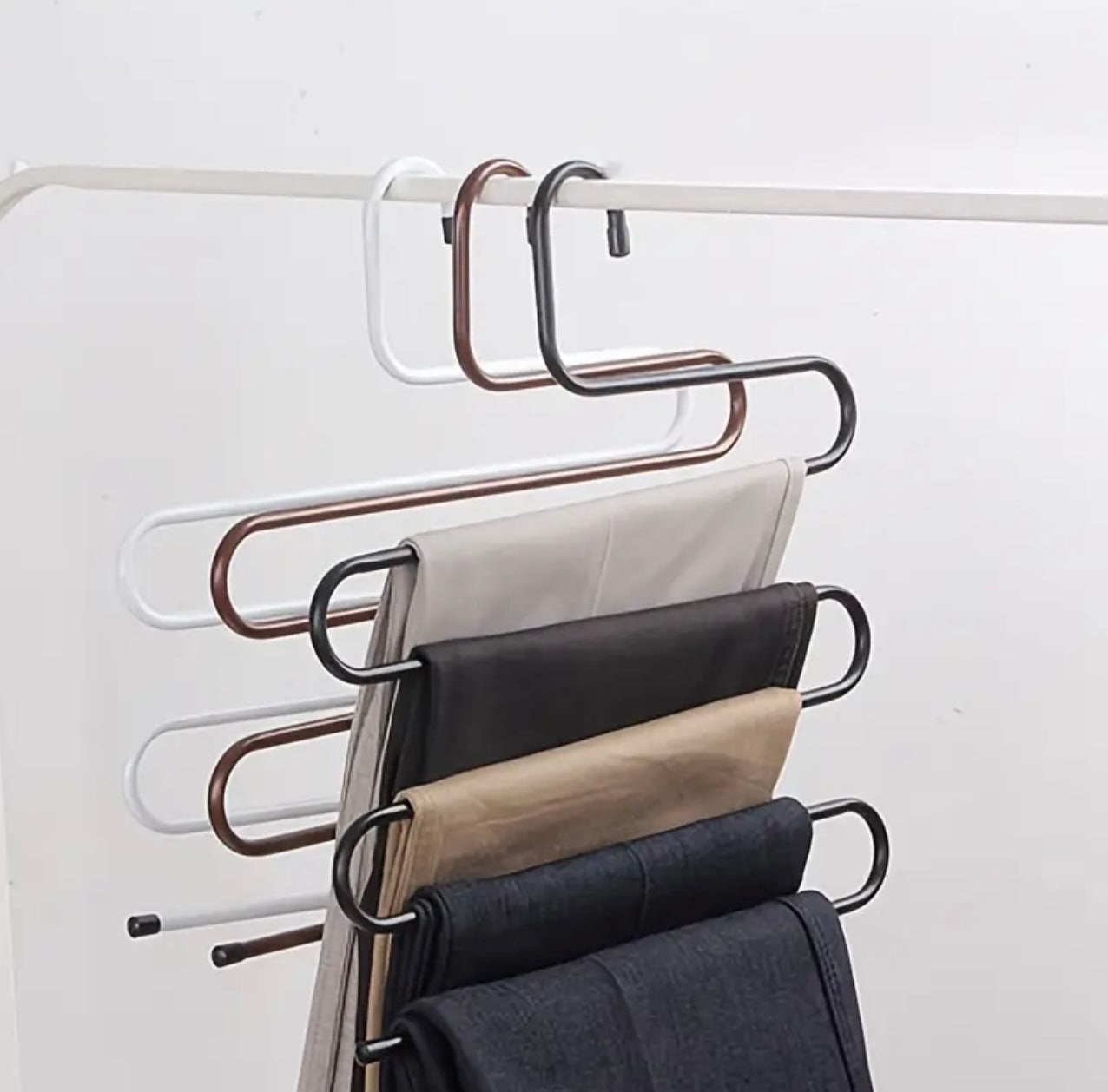 5-Layer Stainless Steel S-Shaped Pants Hanger – Non-Slip & Space-Saving Organizer