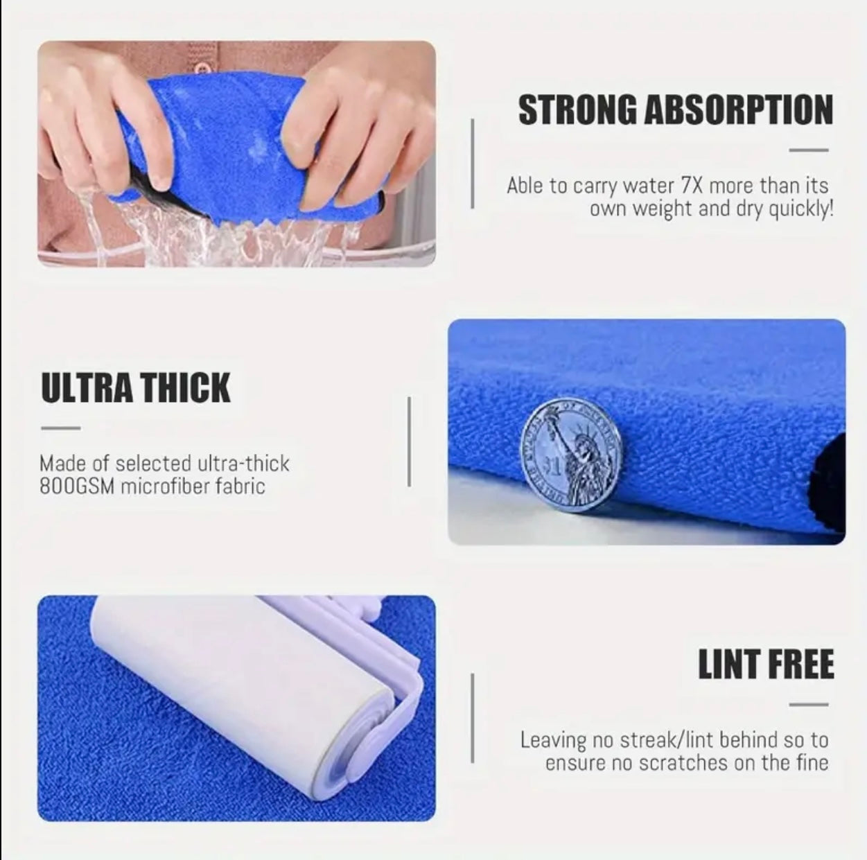 4pcs Super Absorbent Microfiber Chamois Towels Ultra Thick Car Detailing Cloths