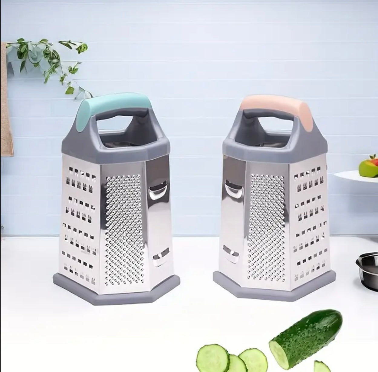 مبشرة متعددة الجوانب من الفولاذ المقاوم للصدأ بمقبض مزدوج اللون - أداة مطبخ للخضروات والجبن والثوم