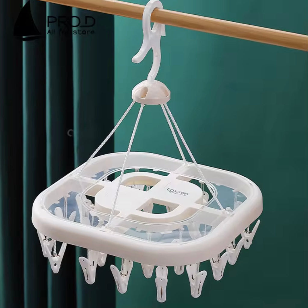 Multi-Clip Drying Rack features 20 pegs and a 360° rotating hook