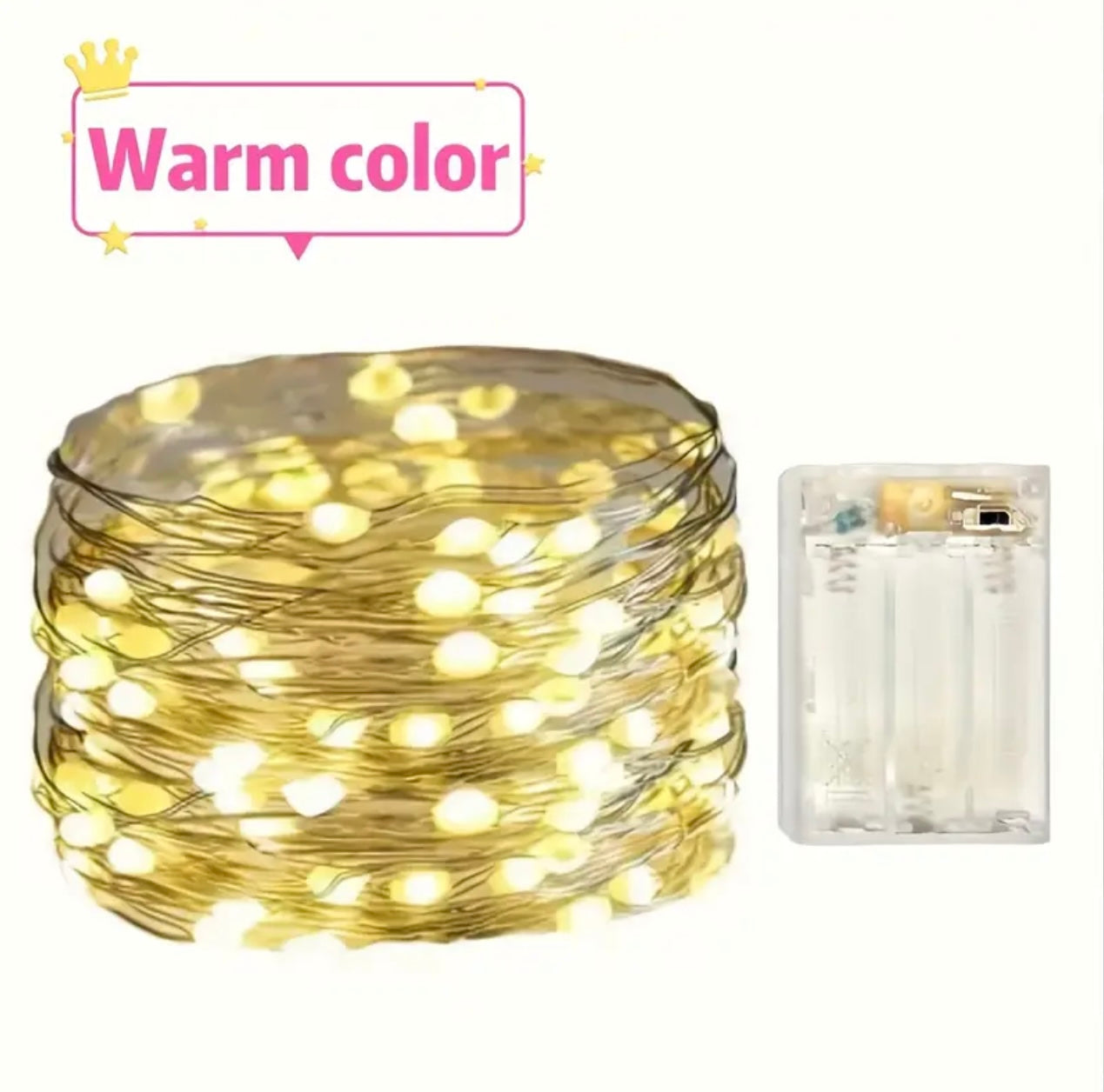 50 مصباح LED بطول 5 أمتار - توهج أصفر دافئ مع حامل البطارية