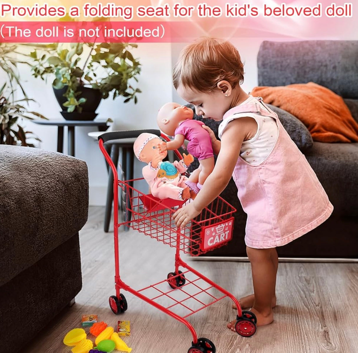 عربة تسوق معدنية للأطفال مع ألعاب - مجموعة لعب تظاهرية متينة