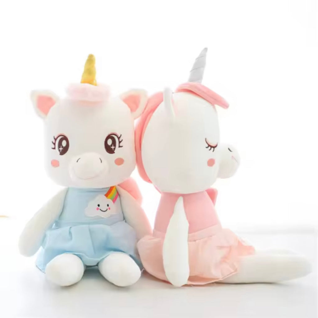 These pink and blue unicorn plush toys are soft and cuddly, perfect for children and unicorn lovers..