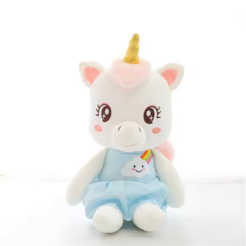 These pink and blue unicorn plush toys are soft and cuddly, perfect for children and unicorn lovers..