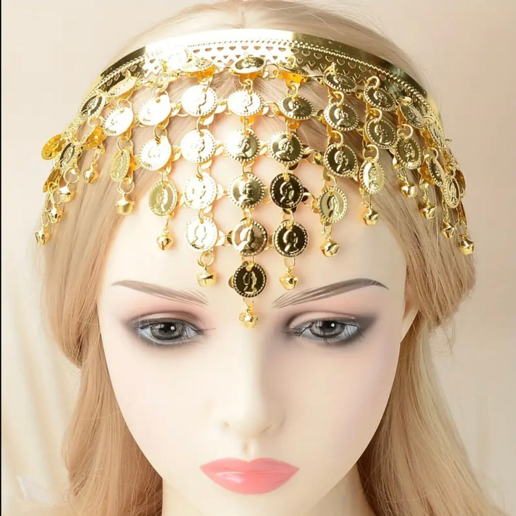 Elegant Golden Coin & Bell Tassel Headpiece – Ethnic Hair Accessory