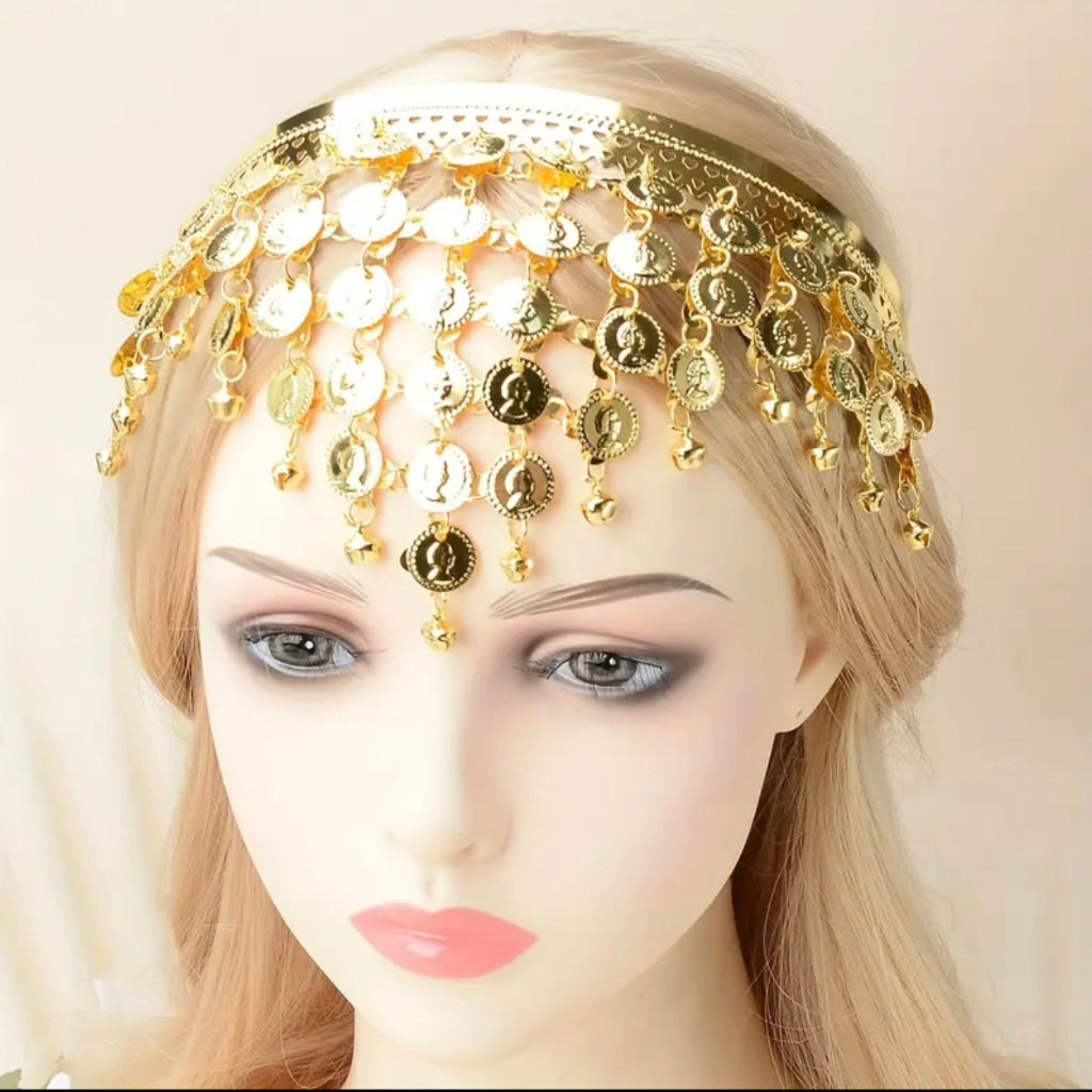 Elegant Golden Coin & Bell Tassel Headpiece – Ethnic Hair Accessory