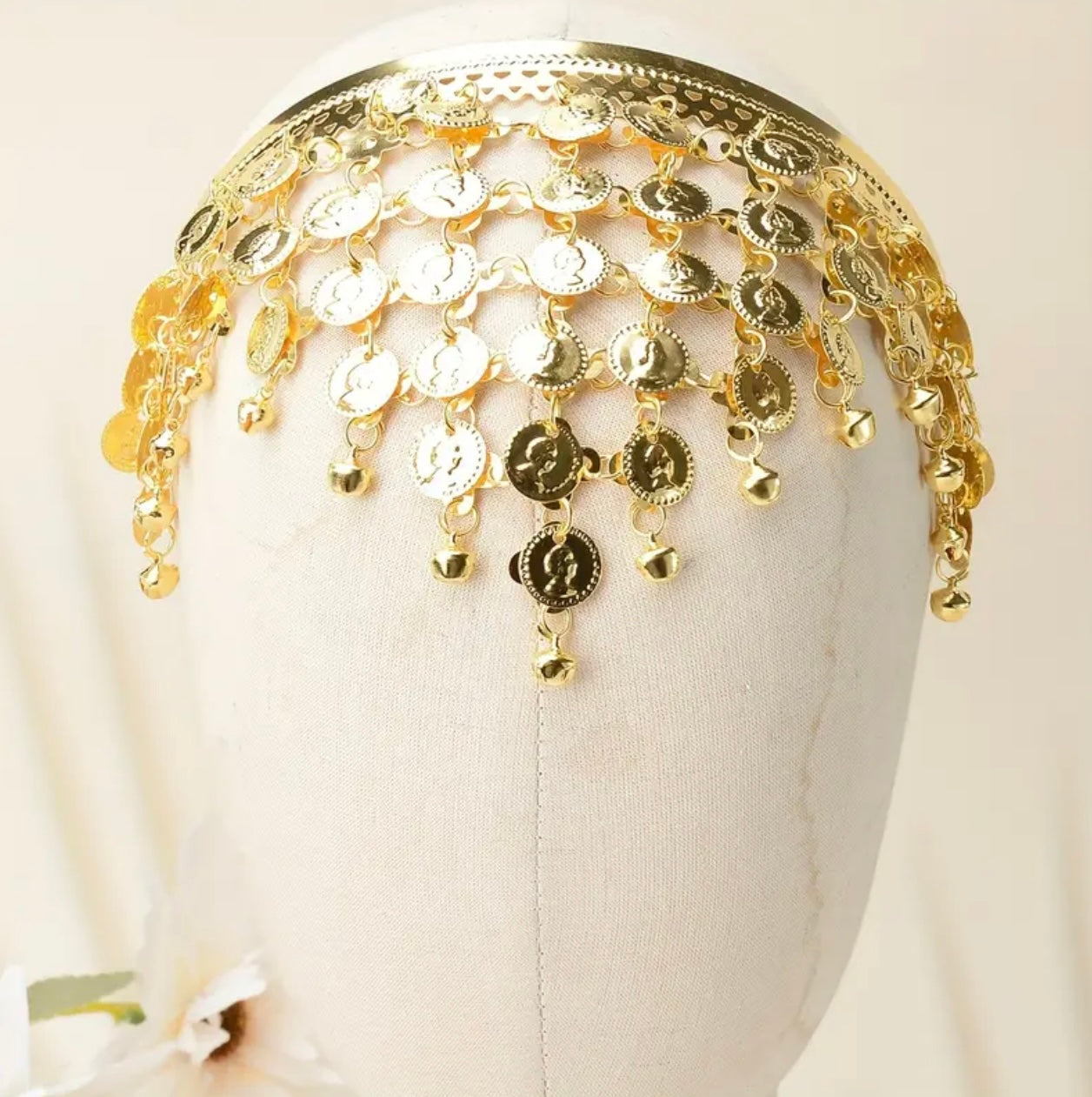 Elegant Golden Coin & Bell Tassel Headpiece – Ethnic Hair Accessory