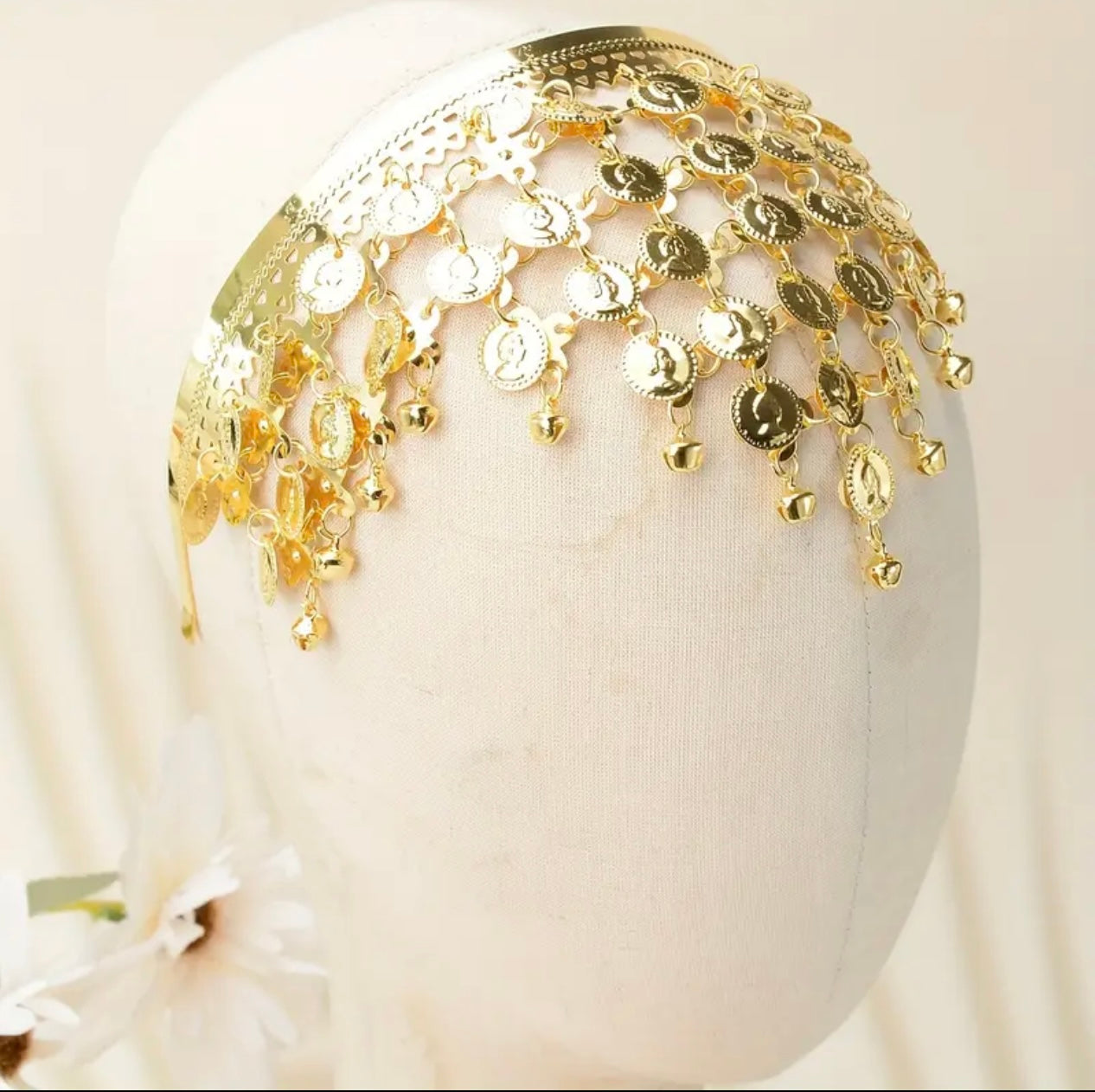 Elegant Golden Coin & Bell Tassel Headpiece – Ethnic Hair Accessory
