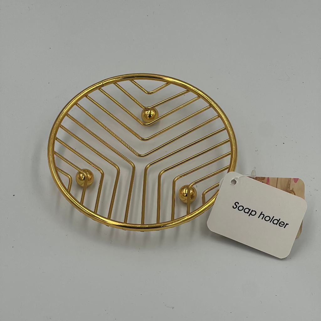 Elegant Golden Metal Soap Dish with Drainage – Decorative Bathroom & Kitchen Holder