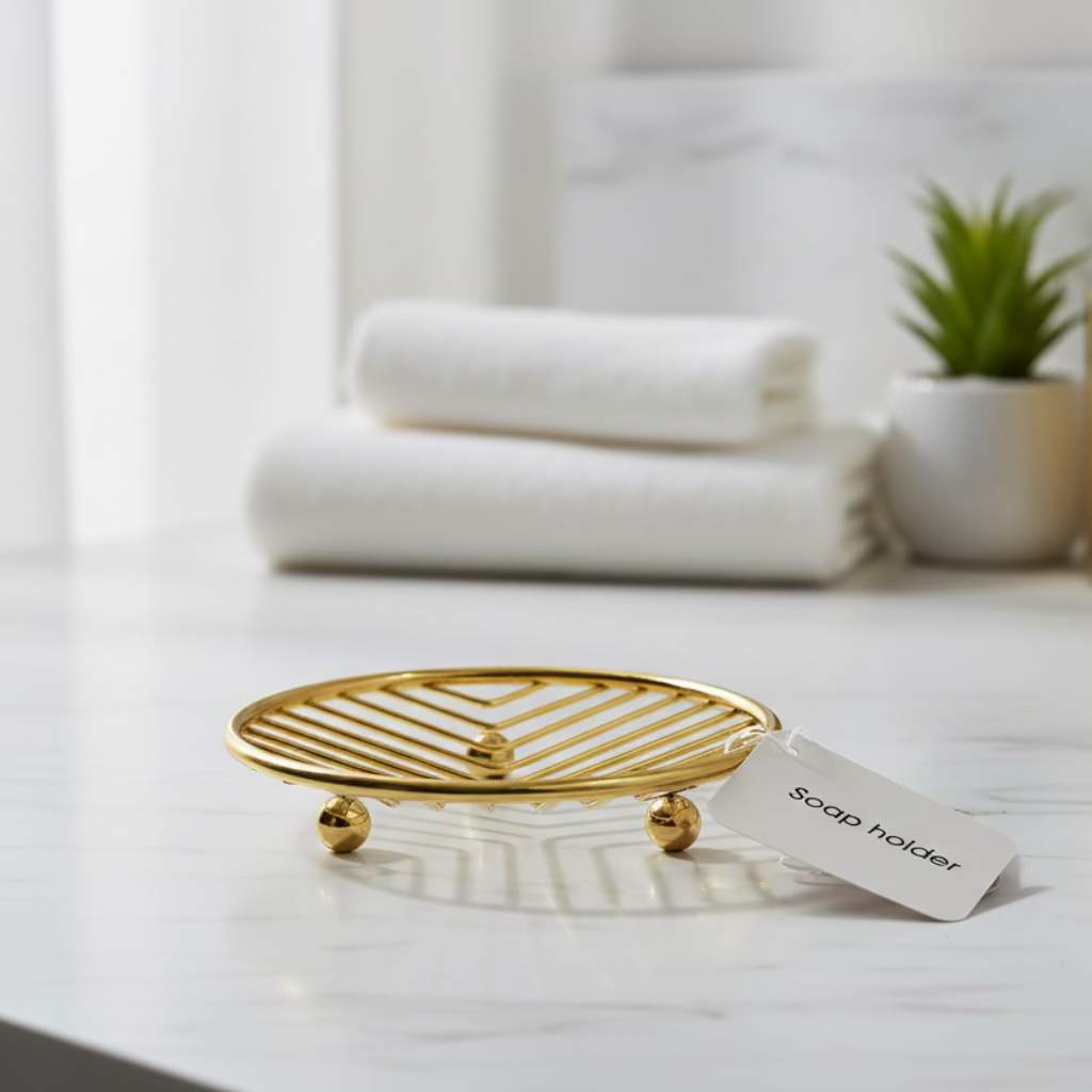 Elegant Golden Metal Soap Dish with Drainage โ Decorative Bathroom & Kitchen Holder