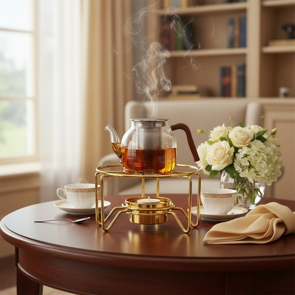 Elegant Golden & Black Tea Insulation Stand – Keep Your Teapot Warm in Style