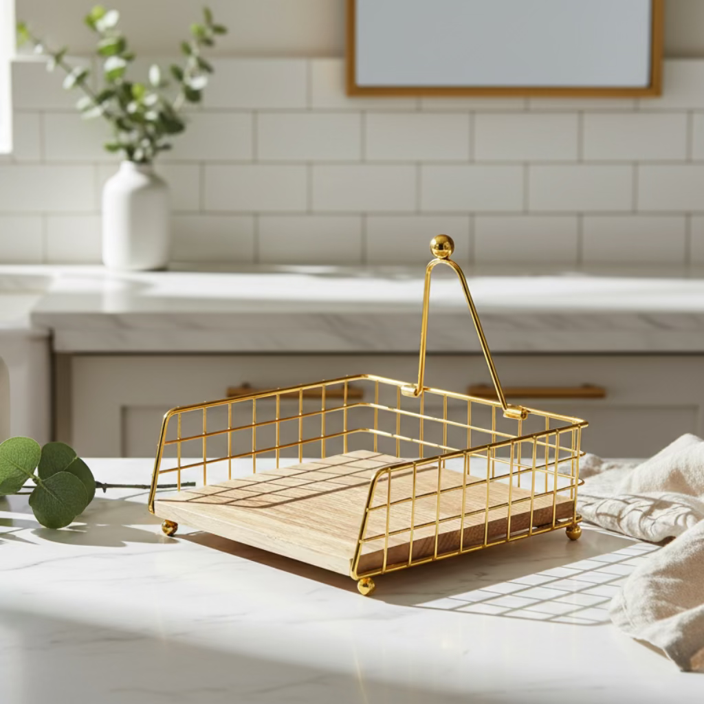 Elegant Golden & Wooden Tissue Holder – Stylish Tabletop Accessory for Home