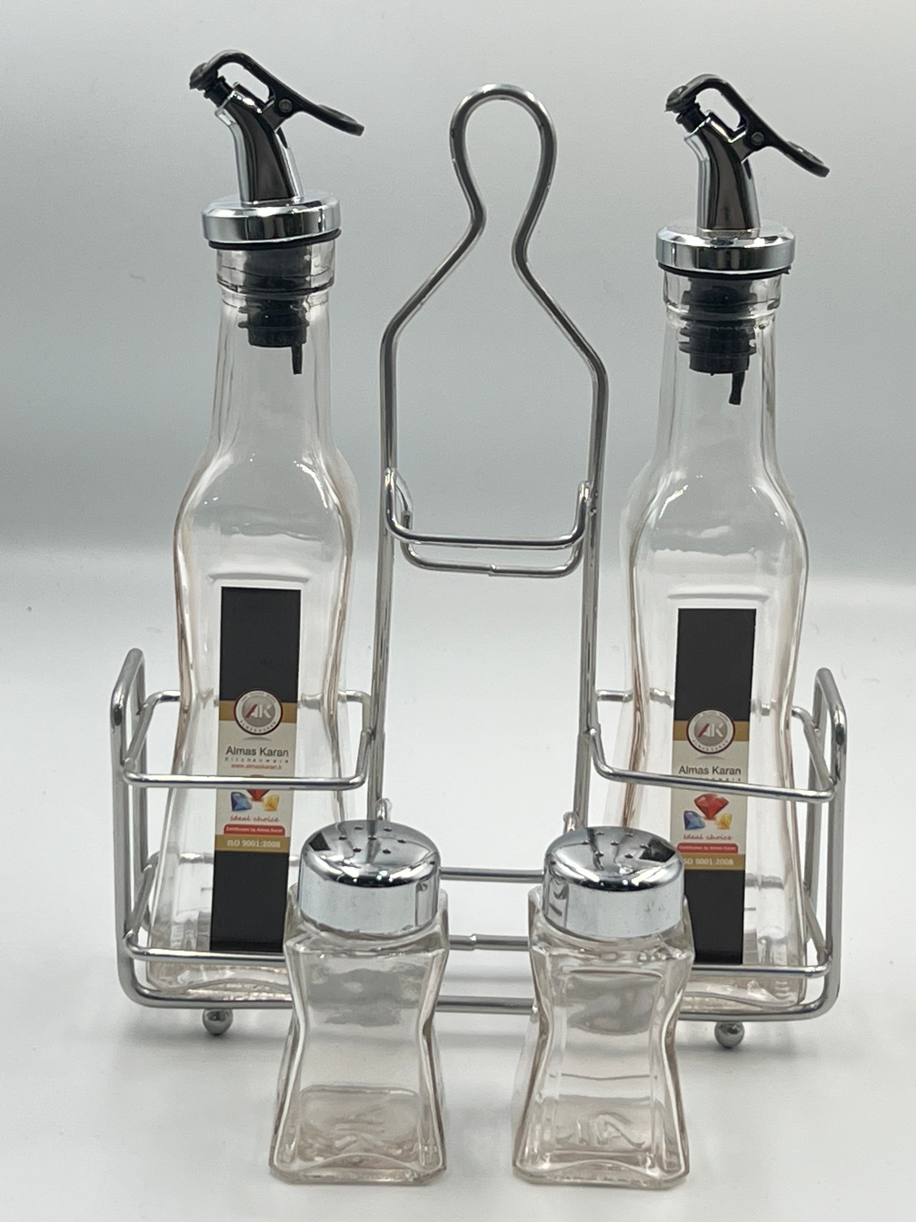 مجموعة زجاجات الزيت والتوابل الأنيقة مع رف فولاذي