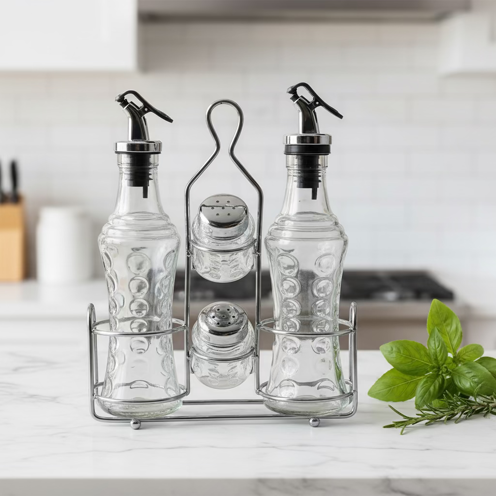 Elegant Oil & Spice Glass Bottle Set with Steel Rack