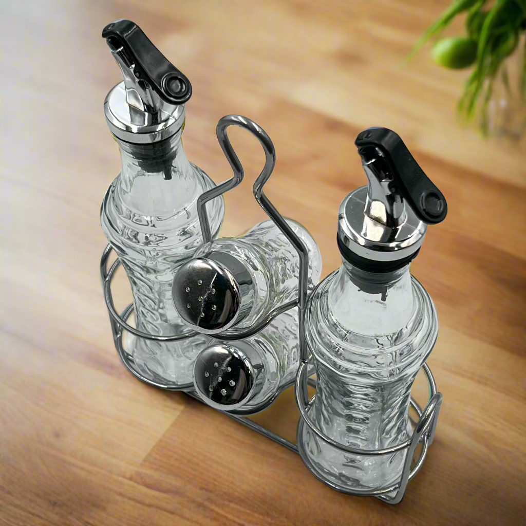 مجموعة زجاجات الزيت والتوابل الأنيقة مع رف فولاذي