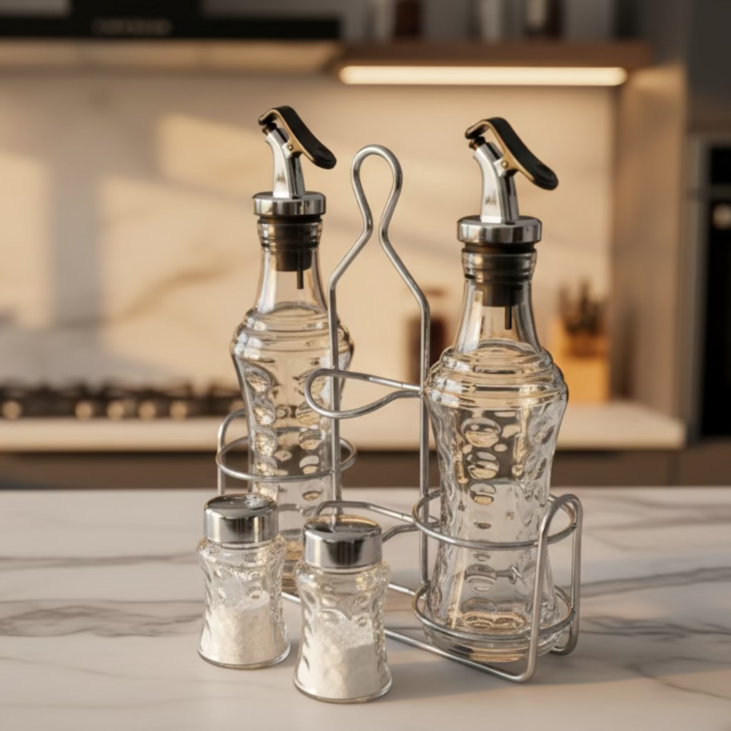 Elegant Oil & Spice Glass Bottle Set with Steel Rack